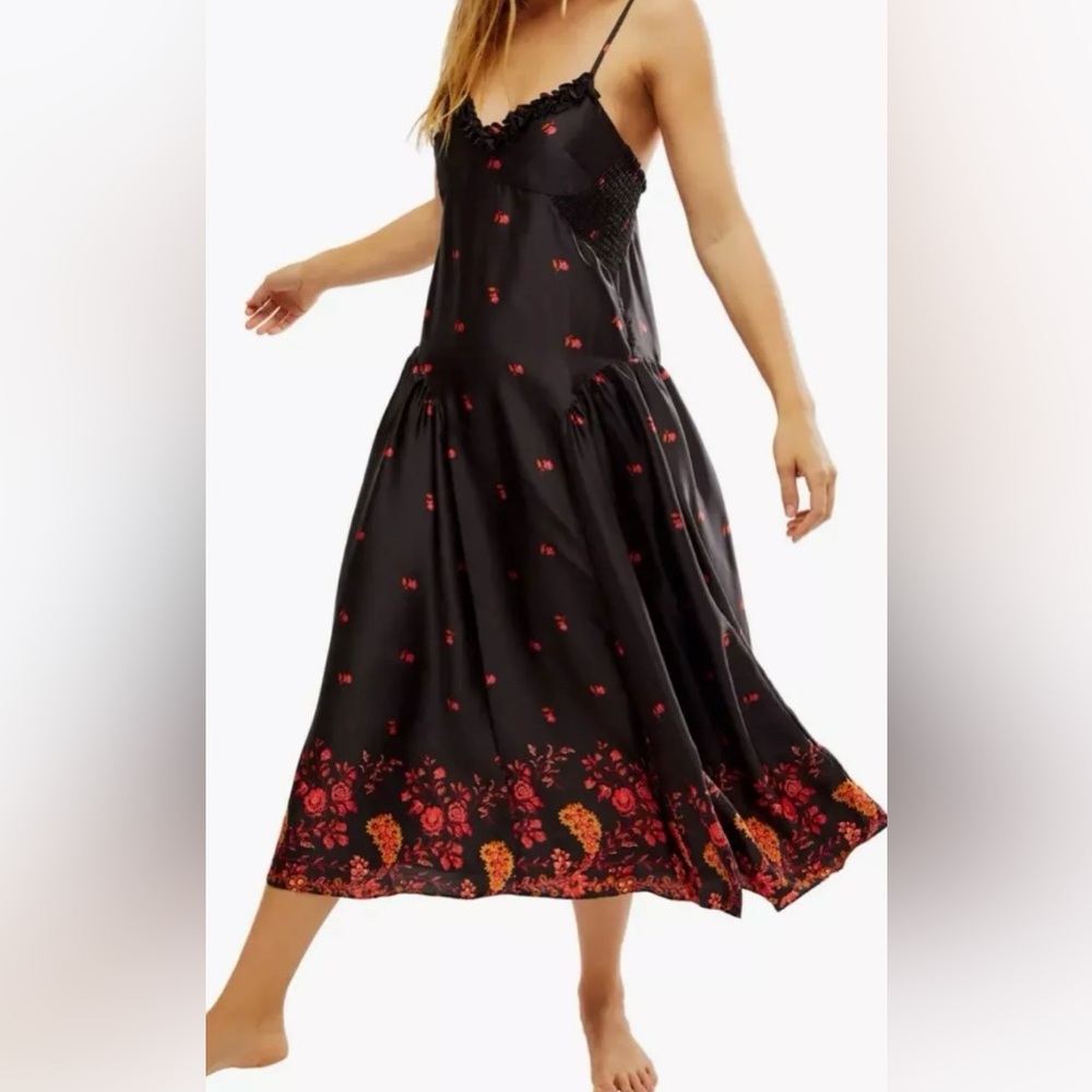 New Free People Intimately On My Own Black Floral Dress Sz Large